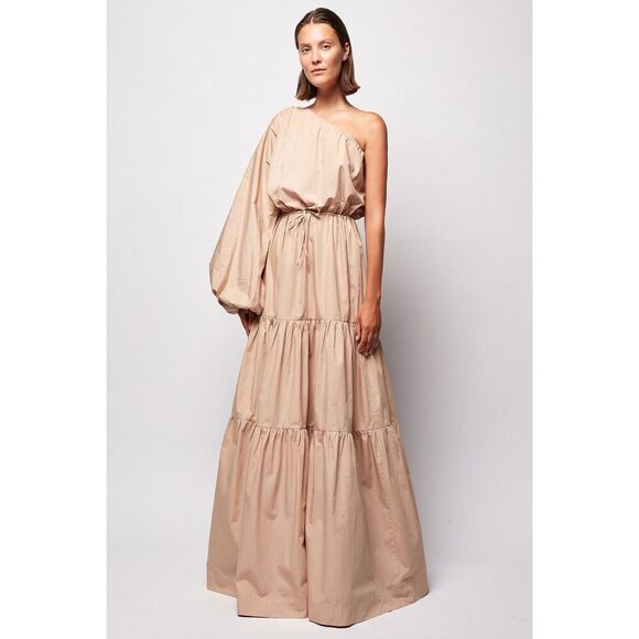 SWF Dresses & Skirts - SWF One shoulder Maxi Dress in Tan Vacation Wedding Guest size Brunch S NWT